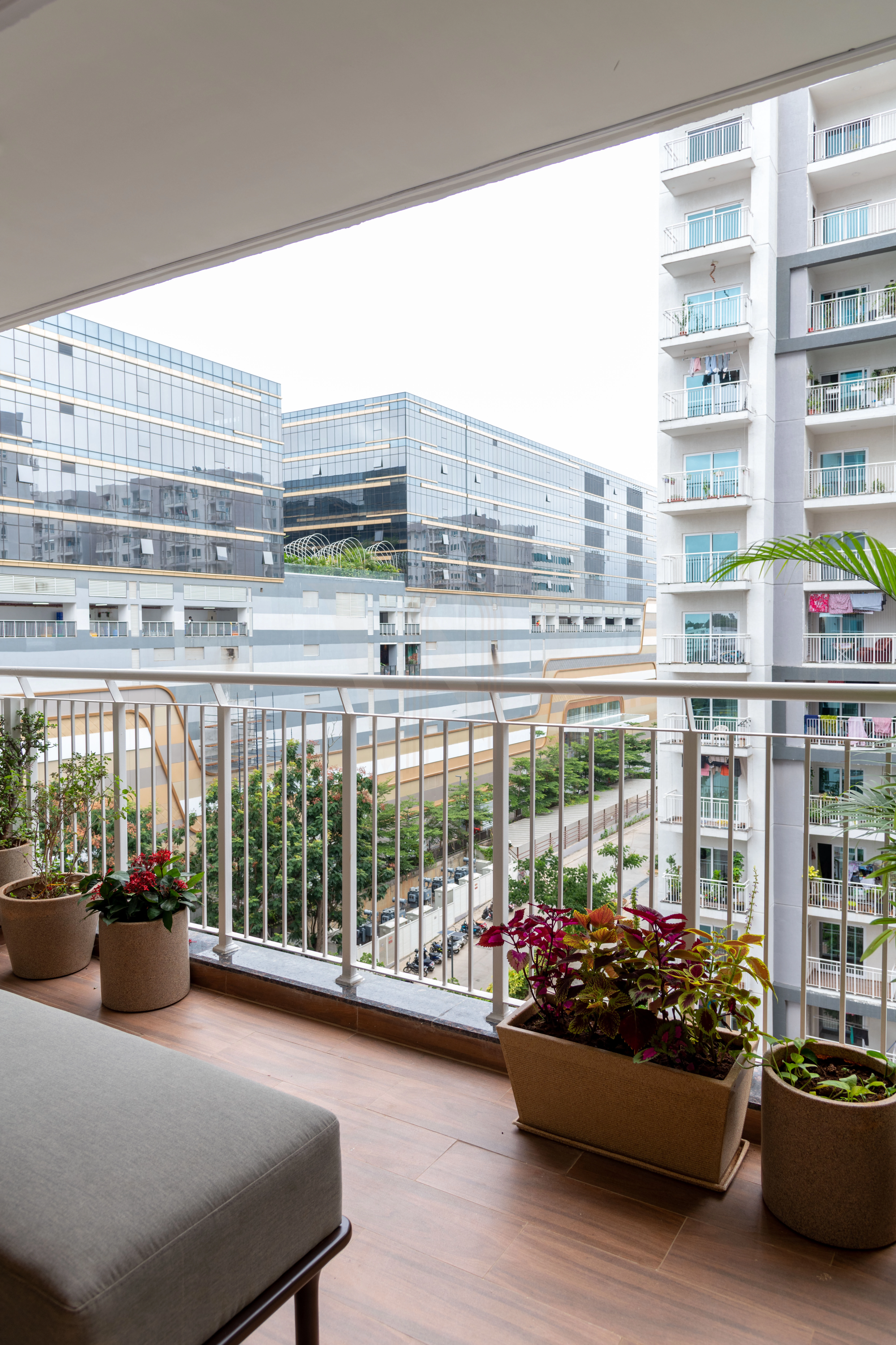 Cozy outdoor balcony seating setup