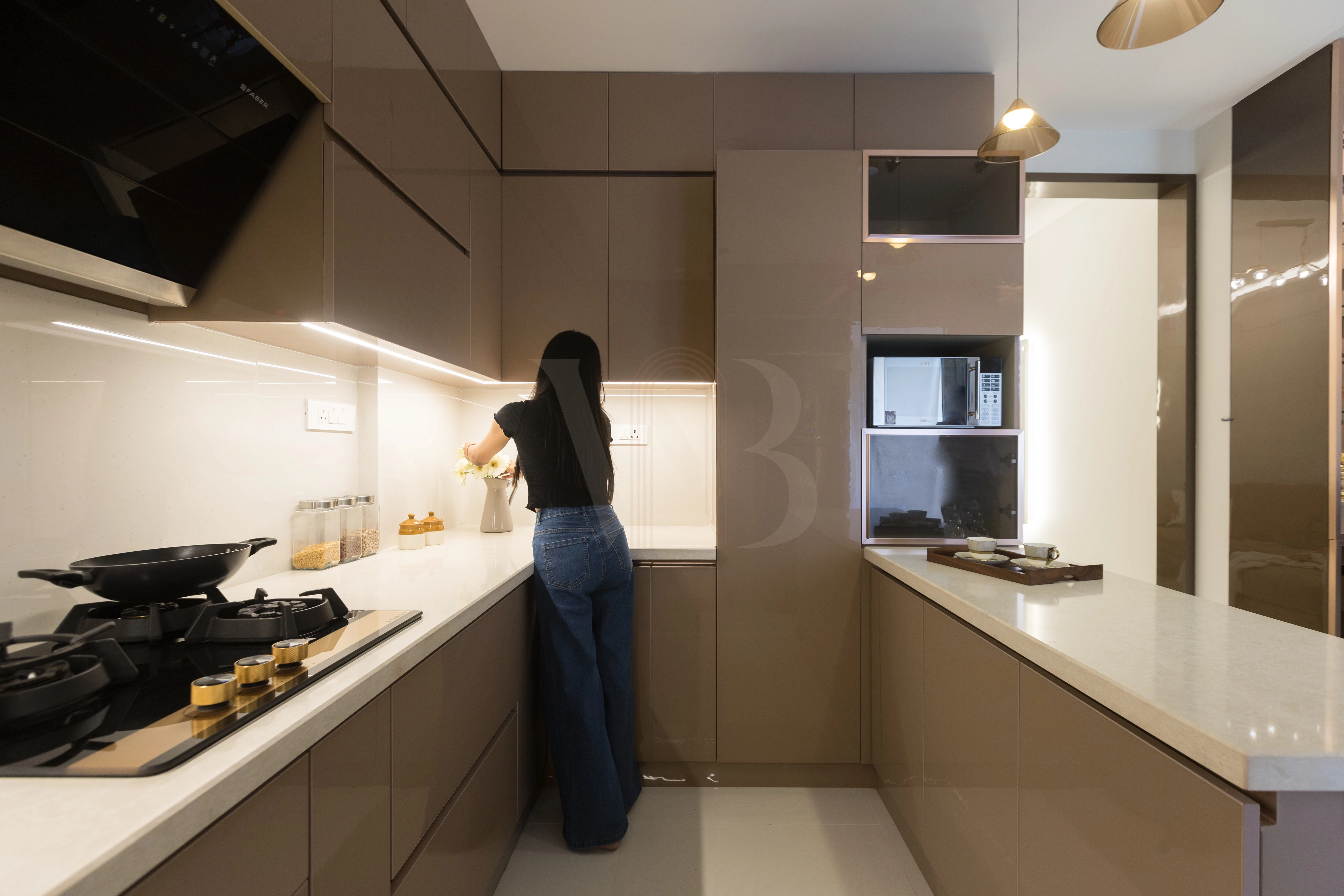 Modern modular kitchen design with parallel counters